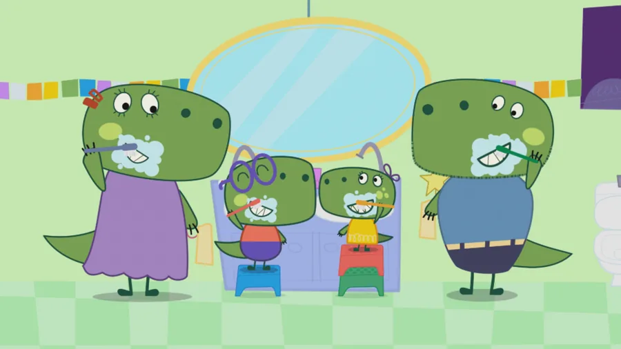 La familia T-Rex lavándose los dientes juntos en el baño