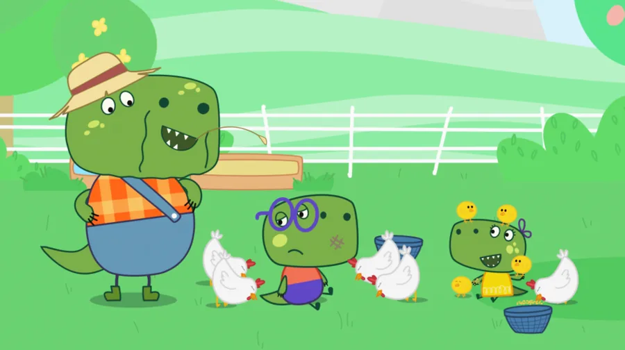 Daddy T-Rex y los niños dando de comer a las gallinas en una granja