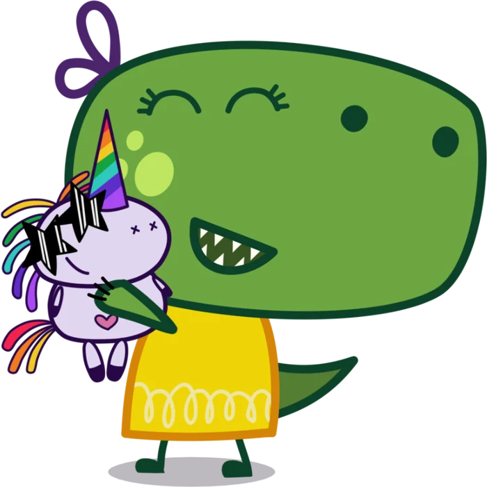 Tippi T-Rex, una pequeña dinosaurio verde con vestido amarillo, abrazando a su unicornio de juguete